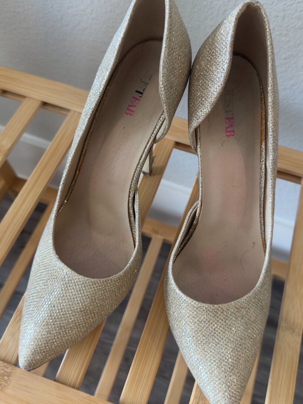JustFab Gold Glitter Pointed Toe Heels - Size 10